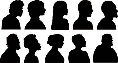 Beyaz arka planda bir erkek ve kadının vektör siluetleri.