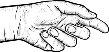 İzleyiciye bakan insan elinin detaylı çizimi