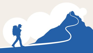 Dağlarda yürüyüş. Adam dağın tepesine tırmanıyor, vektör çizimi