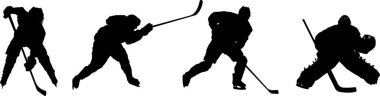 Siluetli hokey oyuncuları paten kayıyor ve kalecilik yapıyor.
