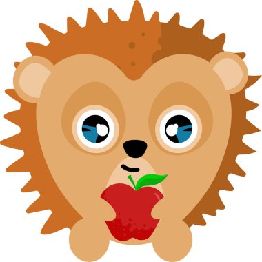 Çizgi film kirpisi elinde parlak kırmızı bir elma, gülümsüyor.