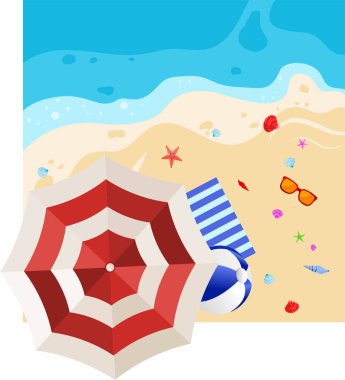 Deniz dalgalarıyla kumsalda şemsiye, renkli vektör 