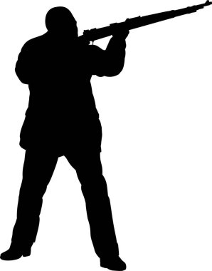 Beyaz arka planda izole edilmiş av tüfeği ile erkek avcının silueti. 