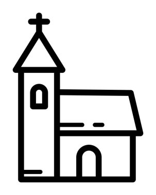 Uzun çan kulesi ve haçı olan basit bir kilise binası.