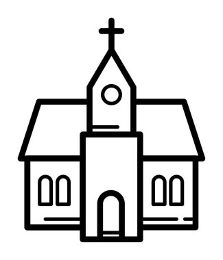 Saat kulesi ve haçı olan basit bir kilise binası.