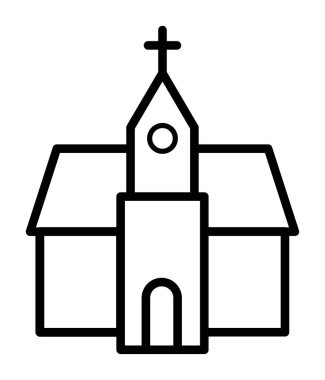 Çapraz ve saat kulesi olan basit bir kilise binası.