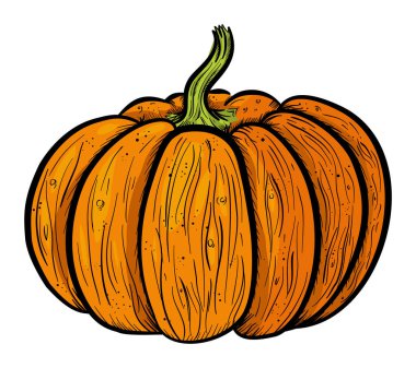 Yeşil saplı ve kalın siyah çizgileri olan el yapımı turuncu balkabağı. .