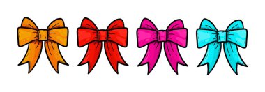 Hediye süslemeleri için dizilmiş dört renkli kurdele seti. .