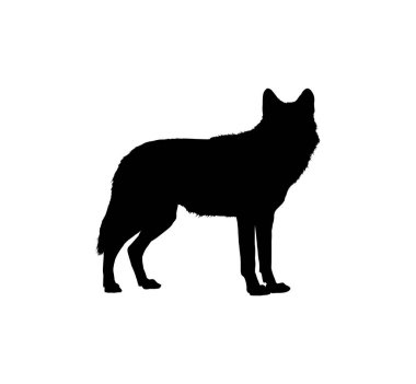 Siyah bir kurt ya da köpek silueti beyaz bir arka planda yan profilde duruyor..