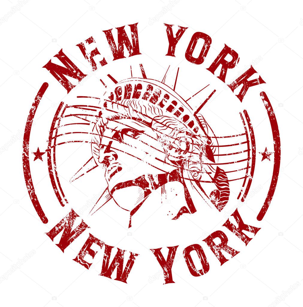 Red rubber stamp design with the Statue of Liberty and New York text .