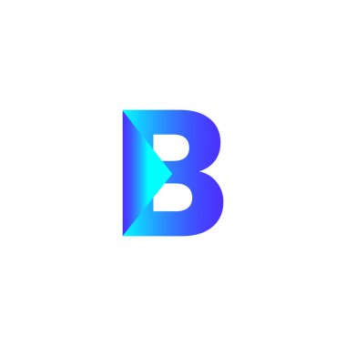 B logo simgesi vektör şablonu tasarımı. Alfabe ilk büyük harf B logosu. Üzerinde ok işareti sembolü var. Ticari şirket kimliği için parlak mavi gradyan rengi. Büyük B logo harfi beyaz arkaplanda izole edildi