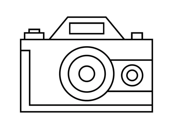 Kamera ana hatları logo ikonu vektör illüstrasyon tasarımı. Fotografçı fotoğraf makinesi, beyaz renkli arkaplanda odaklanma lensi ile vuruş çizgisi şeklinde.