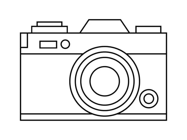 Kamera ana hatlı vektör çizimi. Fotograf fotoğraf makinesi dijital kamera aygıtı, beyaz arkaplanda izole edilmiş renklendirme lensleri ve çizgi ana hatları ile şekillendirilmiş.