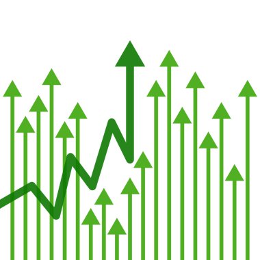 Yukarı giden oklar. Yeşil oklar azalarak yüksek kârlı istatistiklere yükseliyor iş büyüme kavramı çizimi illüstrasyonu