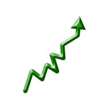 3D Green Arrow 'un grafik çizgisi yükseliyor. Yüksek ticari yatırım büyüme istatistikleri. resim izole edildi 