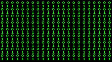 Siyah arkaplan üzerindeki yeşil ikili sayı matris canlandırması