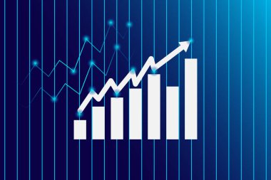 Mavi Arkaplanda Ok ve Veri Noktalarıyla Yükselen Çubuk Grafiği