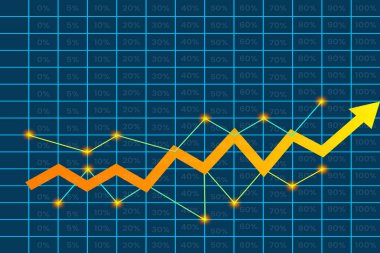 Yukarı Oklu İş Büyüme Çizelgesi ve Mavi Şebeke Arkaplanındaki Veri Noktaları