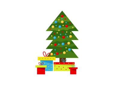 Renkli süslemeleri ve hediyeleri olan Noel ağacı beyazlar üzerinde izole edilmiş kutlama için vektör illüstrasyonu