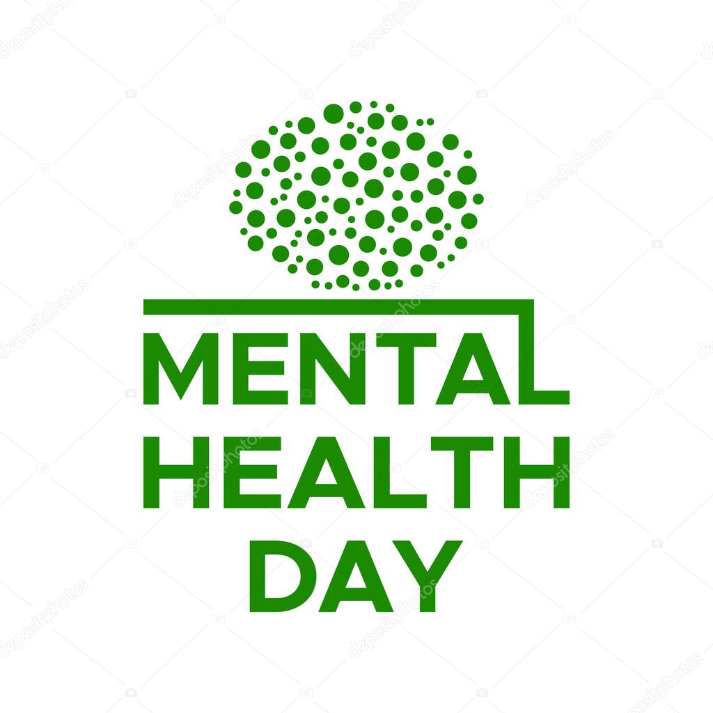 Mental health day typography with green brain design for awareness and support campaign on white background