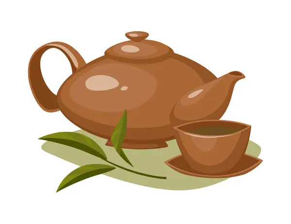 Çaydanlık çayı yaprakları ve yeşil yaprak süsleme vektörü resimli kupa.