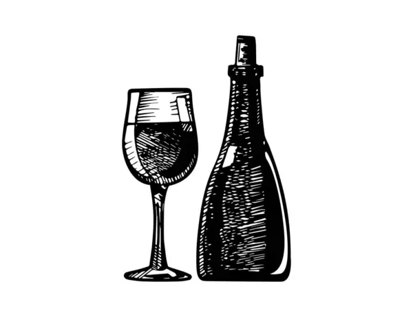 Şampanya şişesinin siyah silueti ve cam vektör görüntüsü.