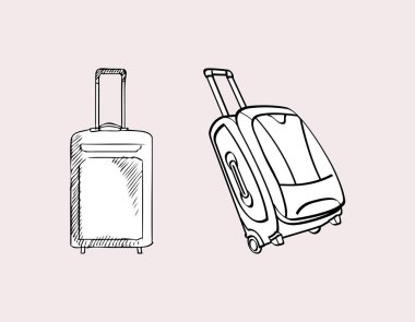 Seyahat çantası simgesi seti, basit seyahat çizimleri için siyah beyaz taslak koleksiyonu