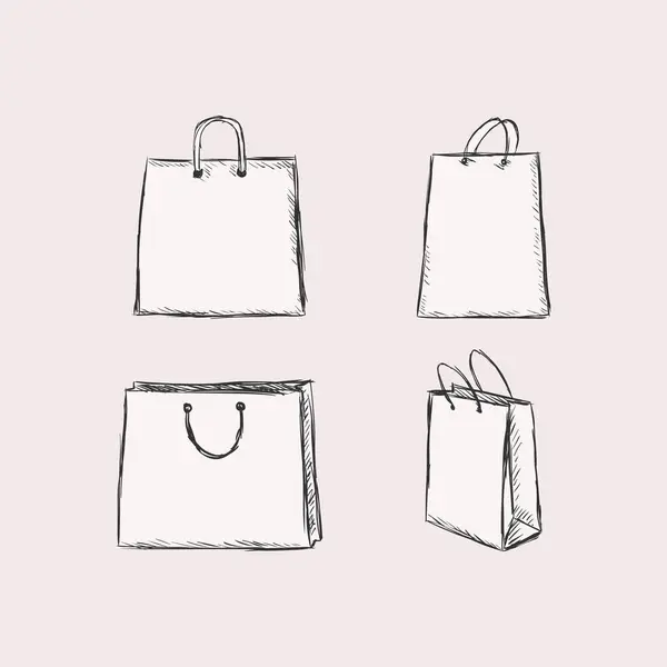 Alışveriş çantası seti - çizgili vektör karalama çizimi ve siluet resim koleksiyonu