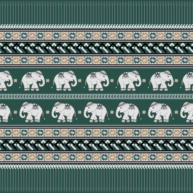 Tayland Fil deseni, parlak gümüş ve yeşil tema renkleri, Tayland Yerli Kumaş deseni - İndirip yazdırmak için dijital resimler. Yazdırılabilir duvar kağıdı, arkaplan, kart, kitap kapağı ve birçok proje.