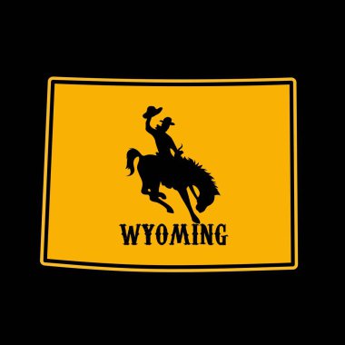 Wyoming Haritası Sarı Arkaplanlı Kovboy At Sürme Silueti