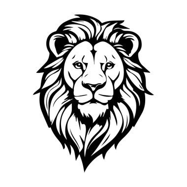 Aslan başlı siyah beyaz çizim, mürekkep çizimi, dövme, logo tasarımı. Leo burç burcu, burç sembolü. Vektör oymalı stil monokrom