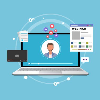 Webinar, internet konferansı, ikonlu web tabanlı düz tasarım konsepti