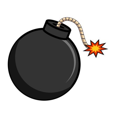 Düz dizaynlı yanan fitili olan yuvarlak bir bomba..