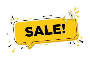 Satılık konuşma balonu pankartlı megafon. Hoparlör. İş, pazarlama ve reklam için kullanılabilir.