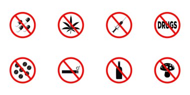 No Smoke Cigarette, Drink Alcohol, Take Drug and Pill Black Silhouette Icon. Addiction Forbidden Pictogram. Warning Not Narcotic, Doping Zone Red Stop Symbol. Isolated Vector Illustration.