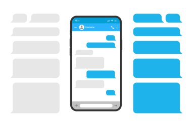 Akıllı telefonlar mesaj şablonu balonlarıyla sohbet ediyor. Sohbet şablonları, mesajlar, telefonlar ve konuşma baloncukları düz biçimde mavi renkli. Diyalogları oluşturmak için Sms şablon baloncukları.