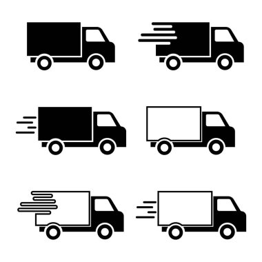 Teslimat kamyonu simgesi seti. Ekspres dağıtım kamyonları simgeleri. Hızlı nakliye kamyonu. 24 saat ücretsiz teslimat. Lojistik Taşıma İşareti.