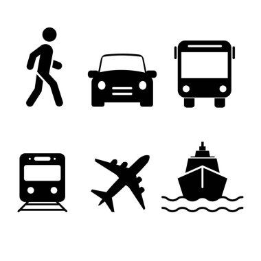 Işınlama simgeleri ayarlandı. Otomobil, otobüs, tren, gemi, uçak ve yaya olarak. Toplum, seyahat ve taşıma simgeleri. Vektör