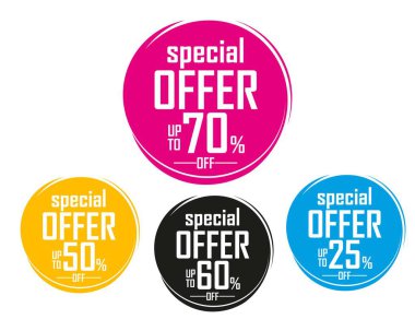 Özel teklif, indirim etiketi. Vektör kümesi, Özel Teklif Çemberi Etiketleri% 70 'e kadar indirimli Etiket Vektör Kümesi,% 70,% 60,% 50 ve% 25' e kadar birden fazla varyasyon içerir.