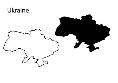 Ukrayna harita haritası çizimi, Ukrayna harita silueti, Ukrayna ülke manzarası, Siyah ve beyaz Ukrayna haritası