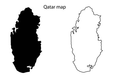 Katar harita haritası çizimi, Katar haritası silueti, Katar ülke manzarası, Siyah ve beyaz Katar haritası