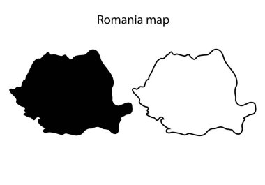 Romanya harita vektör çizimi, Romanya harita silueti, Romanya ülke manzarası, Siyah ve beyaz Romanya haritası
