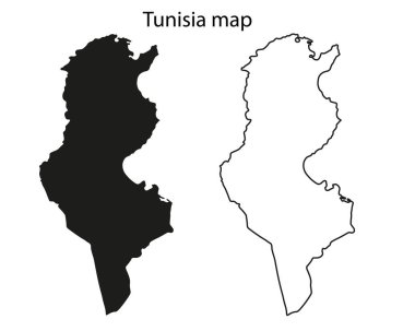 Tunus harita haritası çizimi, Tunus haritası silüeti, Tunus ülke manzarası, Siyah ve beyaz Tunus haritası