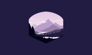 Dağlar ve nehir, mor mavi vektör çizimi.  