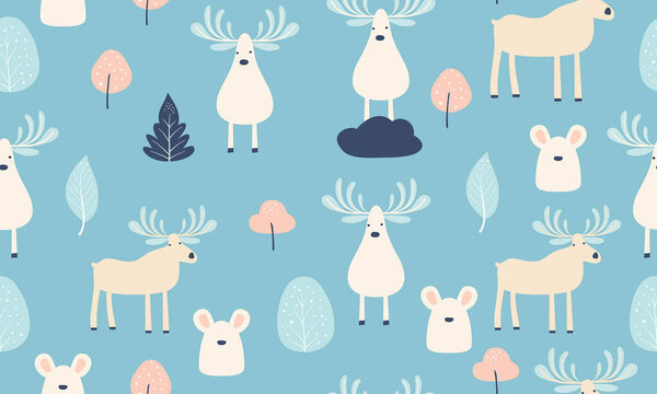hand drawn seamless pattern with Scandinavian deer and cute animals 