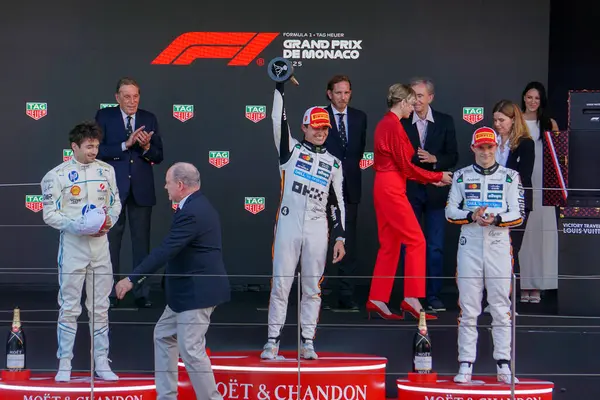 MonacoGP GP GP F1 2025, 25 Mayıs 2025, Monte Carlo, Monaco - Formula 1 Lando Norris Charles Leclerc Oscar Piastro podyumu Monaco GP