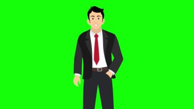 İş adamı çizgi film karakterleri, 4k parmak alfa kanalı ile vektör işaretini gösteriyor