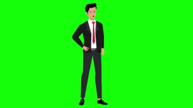 Animasyondan konuşan iş adamı, onun yanında 4k yeşil ekran gösteriyor.