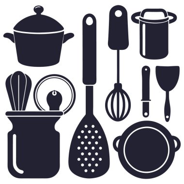 Ev aletlerindeki siluet mutfak siyah-beyaz, mutfak tasarımları