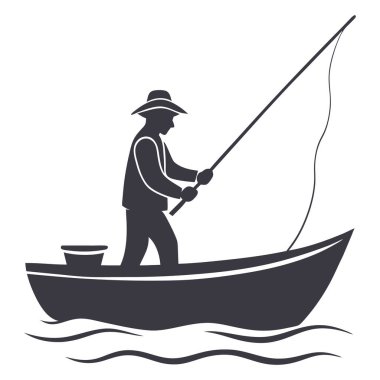 Balıkçı balıkçı ikonu. Beyaz arkaplanda izole edilmiş bir balıkçılık vektörü ikonu içeren siyah monokrom çizimi